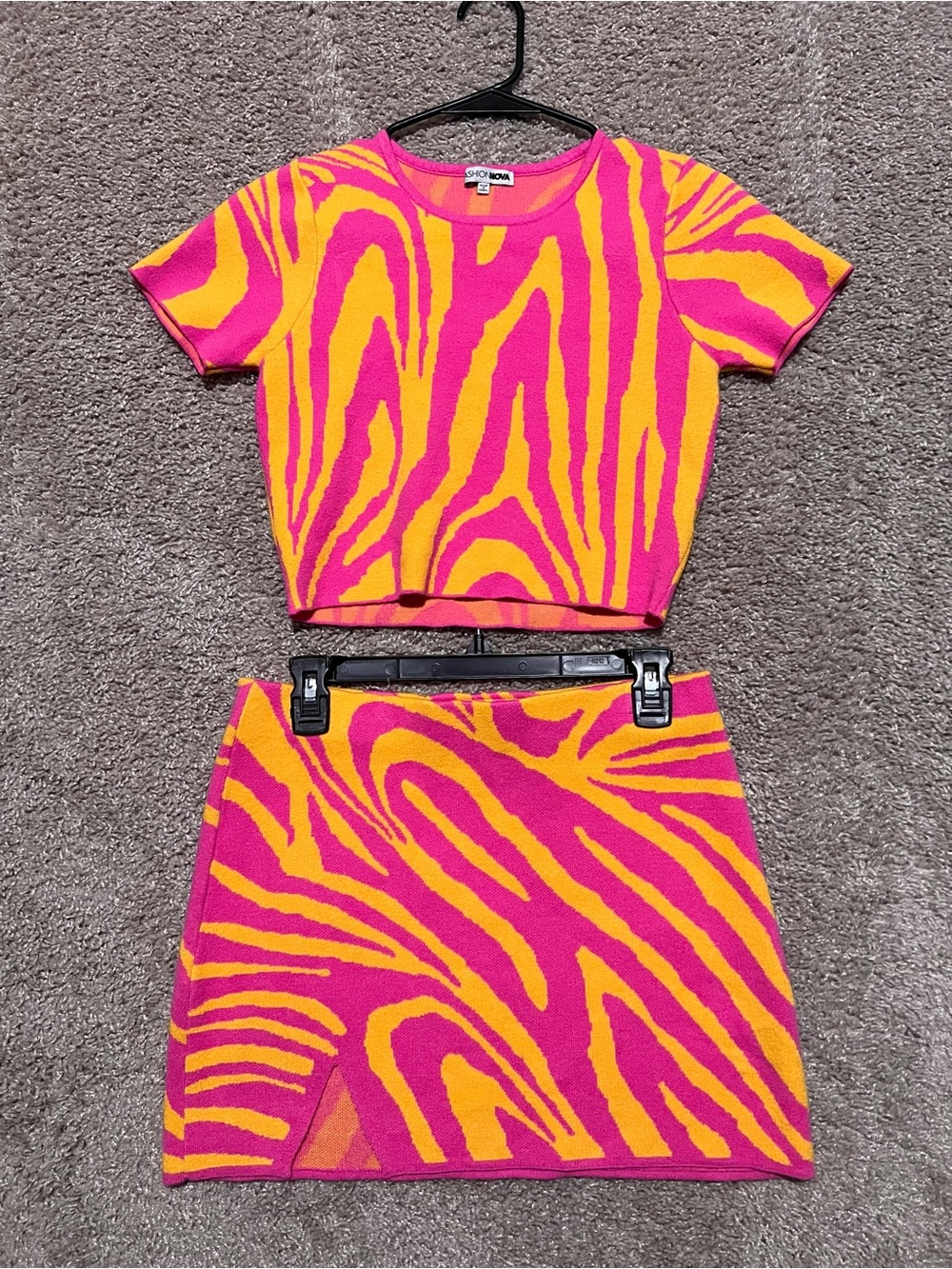 NWOT Fashion Nova Pink and Yellow Zebra Knit Skirt Set - Picture 2 of 4